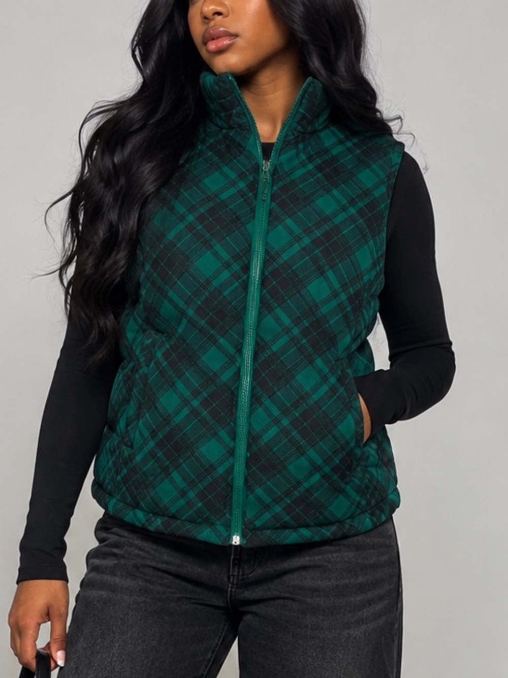 Basic Editions Emerald & Black Plaid Quilted Vest